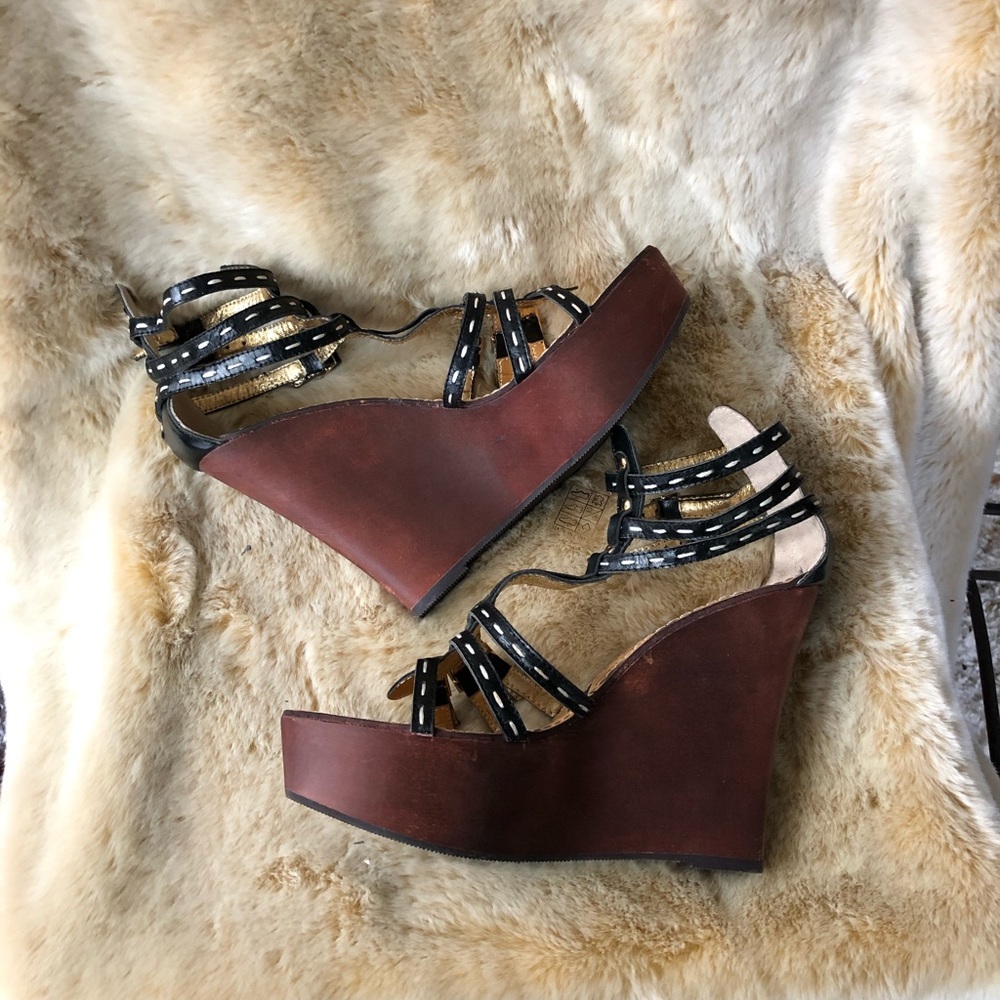 Gabriella Rocha Strappy Black Leather Wedges Sz 9